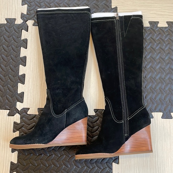 Loft | Black Talk Suede Wedge Heel Boots Size 6.5 - Picture 2 of 6